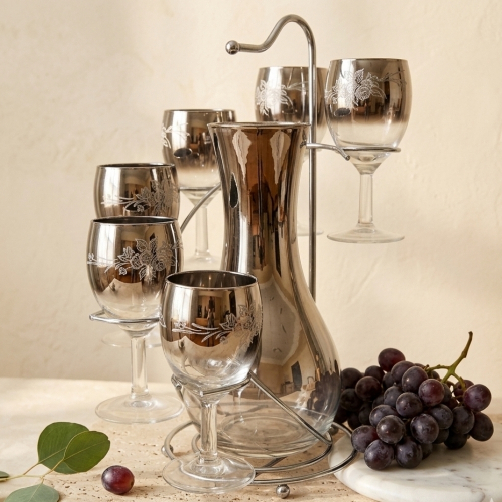 Vintage MCM Silver Fade Floral Wine Glasses Decanter Chrome Caddy Set Retro Bar